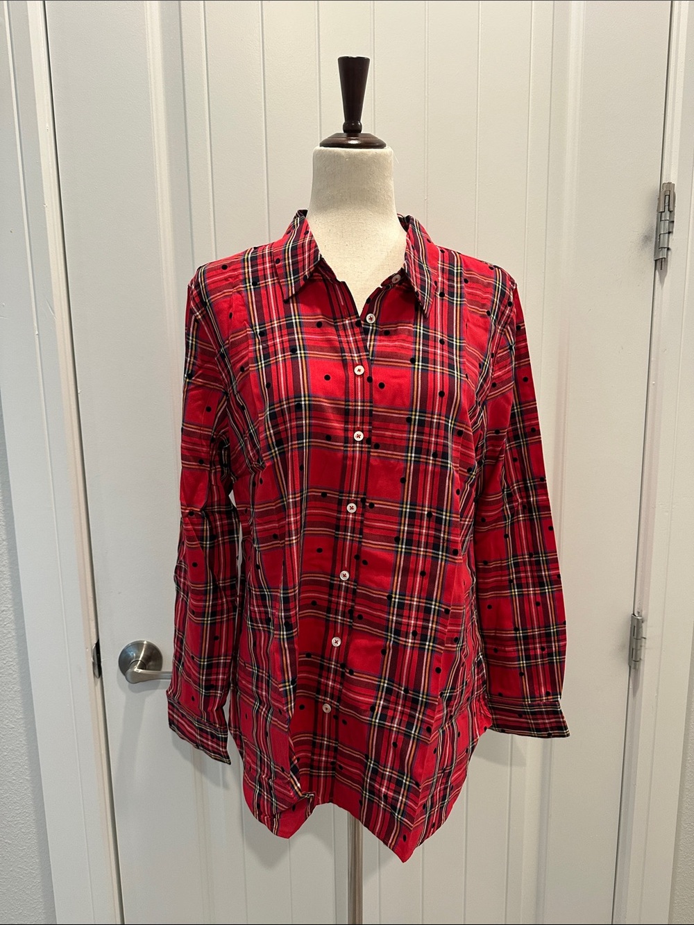 Talbots Red Plaid with Black Polka Dots Button-Down Shirt